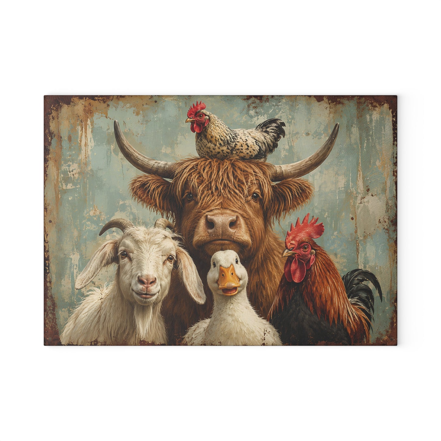Farm Animal Glass Cutting Board – Rustic Cow, Goat, Duck & Rooster Kitchen Decor