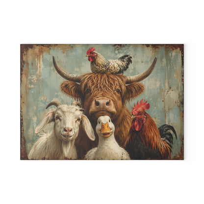 Farm Animal Glass Cutting Board – Rustic Cow, Goat, Duck & Rooster Kitchen Decor