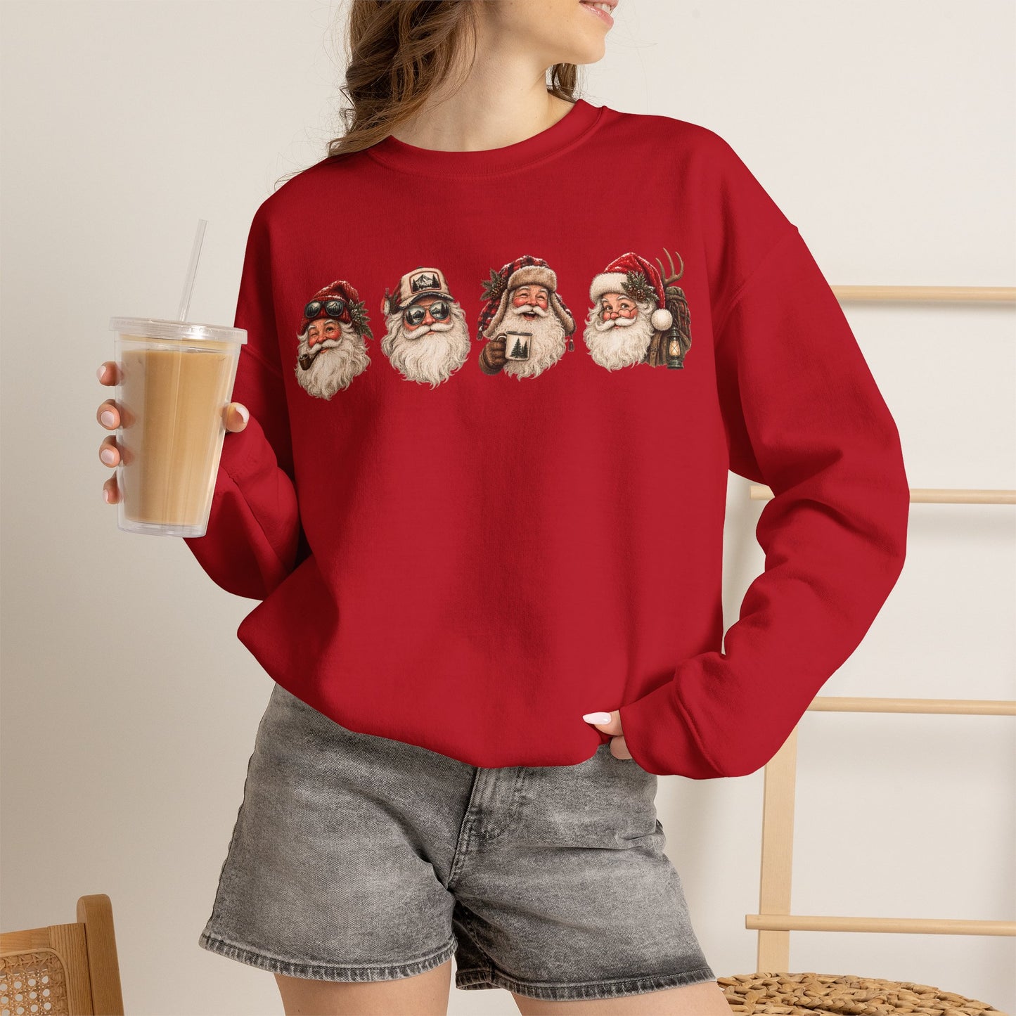 Santa Heads Crewneck Sweatshirt — Vintage Santa Faces Christmas Pullover