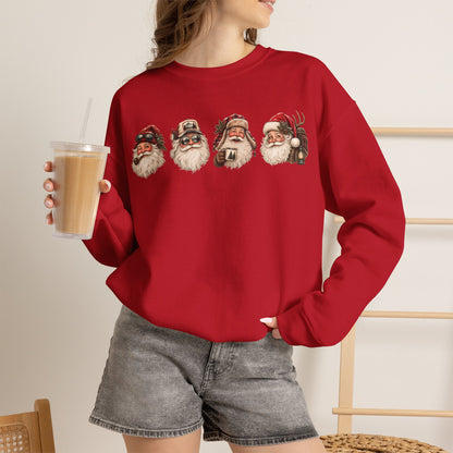 Santa Heads Crewneck Sweatshirt — Vintage Santa Faces Christmas Pullover