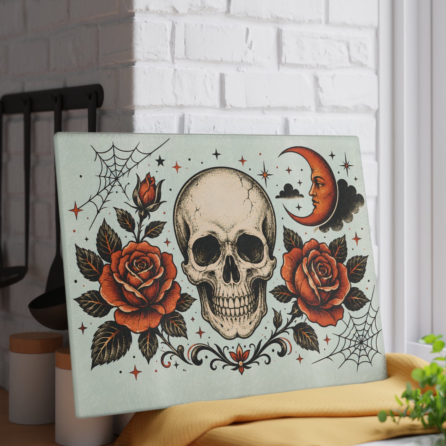 Skull & Roses Glass Cutting Board — Gothic Moon Kitchen Decor