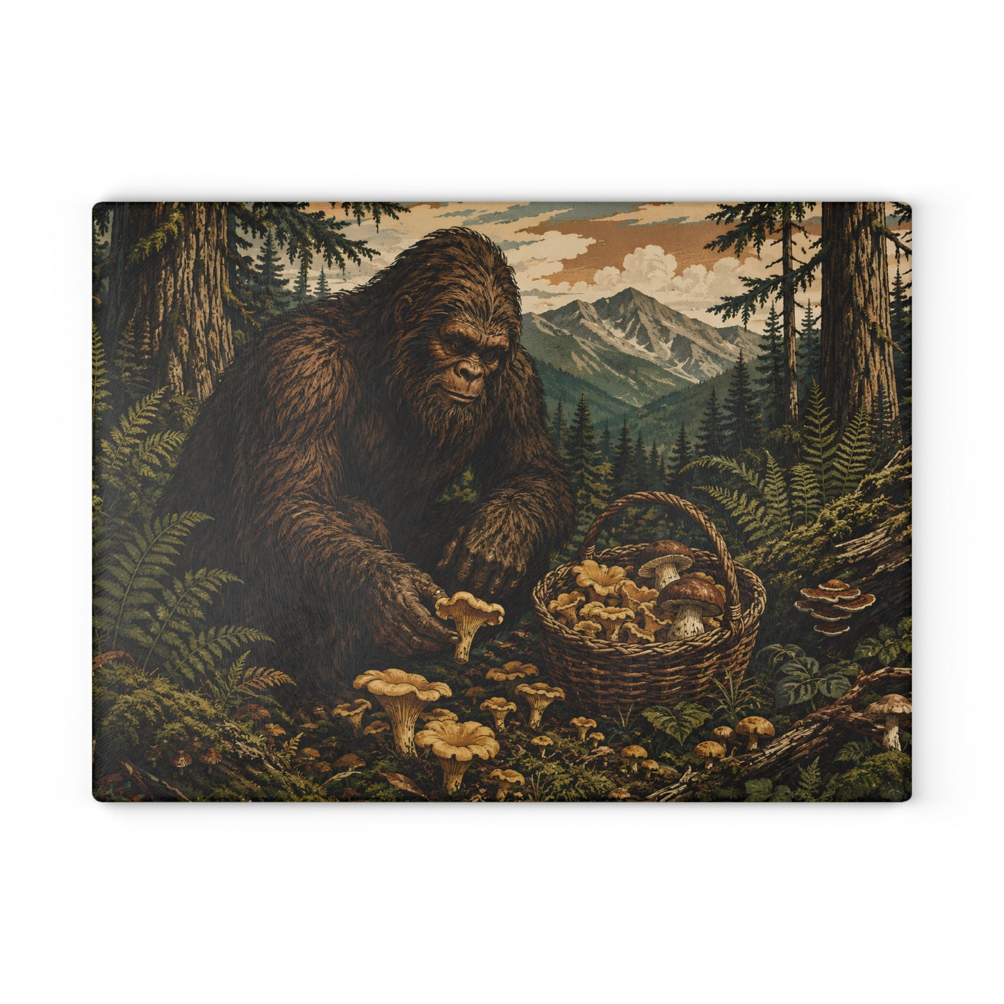 Bigfoot Mushroom Foraging Glass Cutting Board — Rustic Forest Kitchen Decor