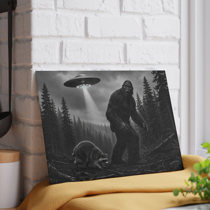 Bigfoot and UFO Forest Scene Glass Cutting Board | Sasquatch Alien Art