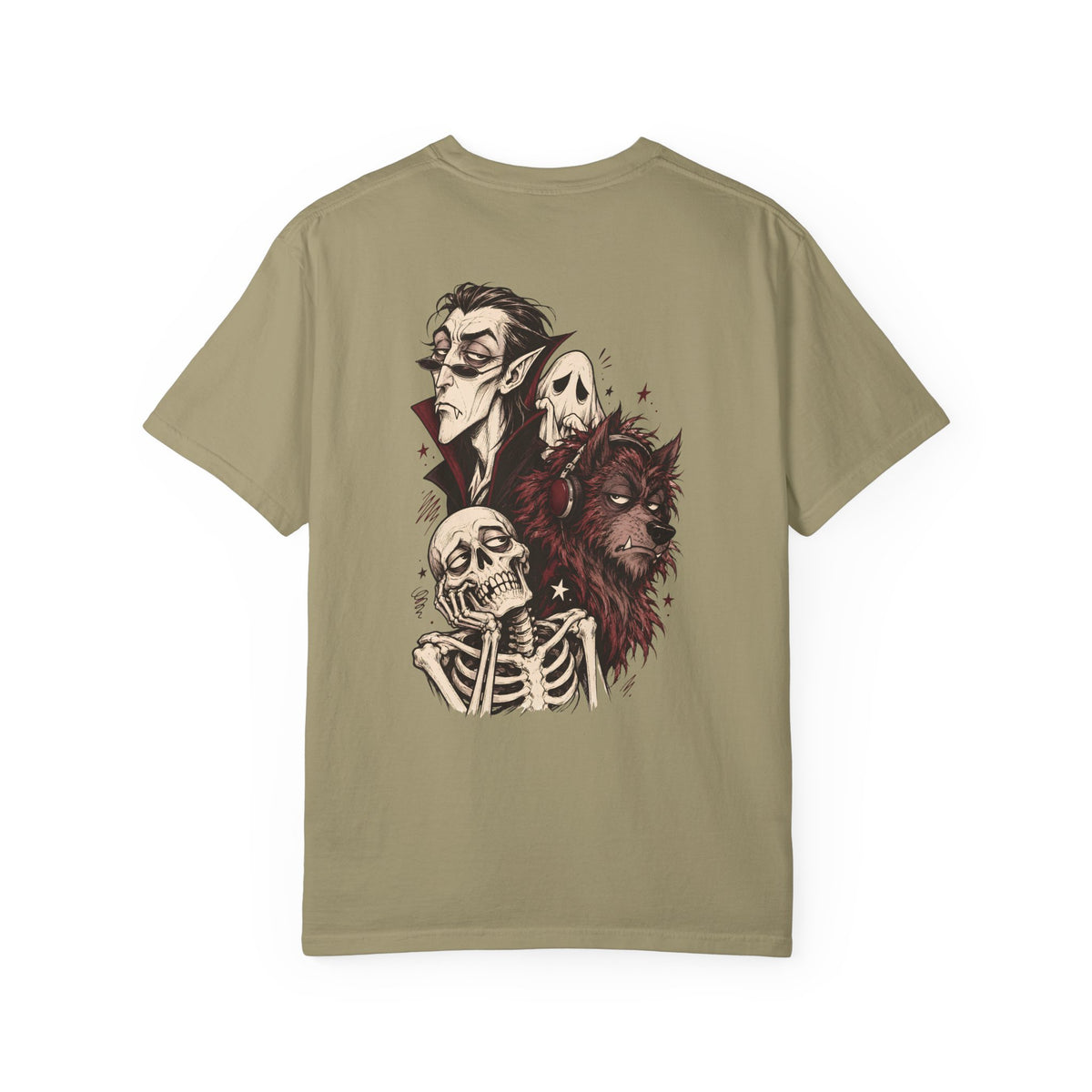 Vampire, Skeleton & Wolf Horror Characters T-Shirt | Spooky Gothic Illustration