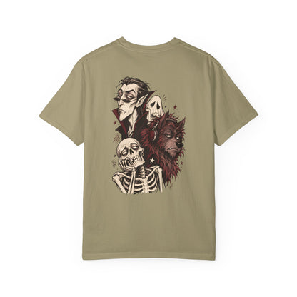Vampire, Skeleton & Wolf Horror Characters T-Shirt | Spooky Gothic Illustration