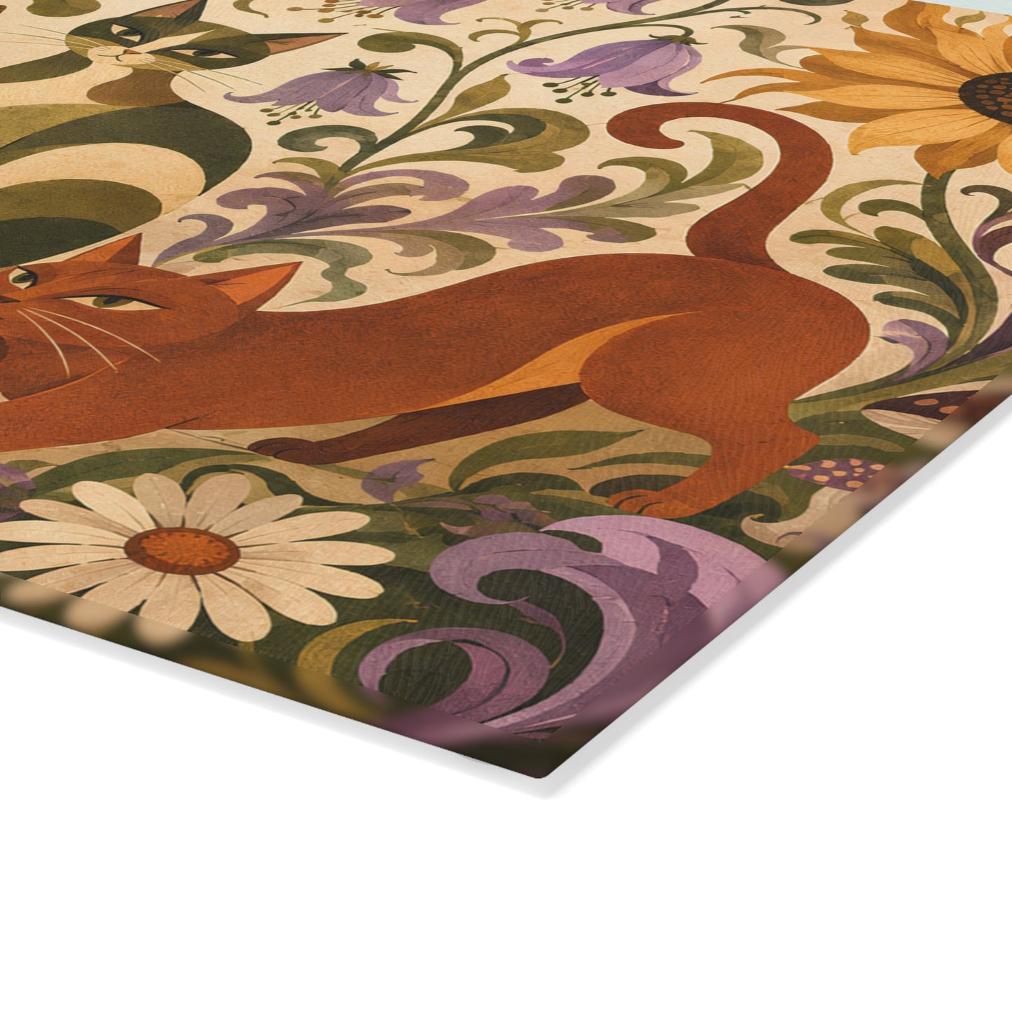 Glass Cutting Board — Vintage Floral Cats Kitchen Cutting Board