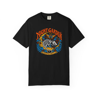 Night Garden T-Shirt, Opossum Skeleton with Moth & Moon, Gothic Botanical Graphic Tee