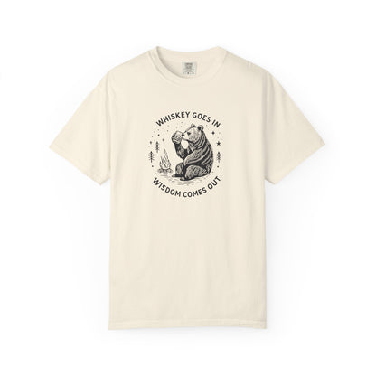 Whiskey Goes In Wisdom Comes Out Bear Illustration T-Shirt | Drinking Humor