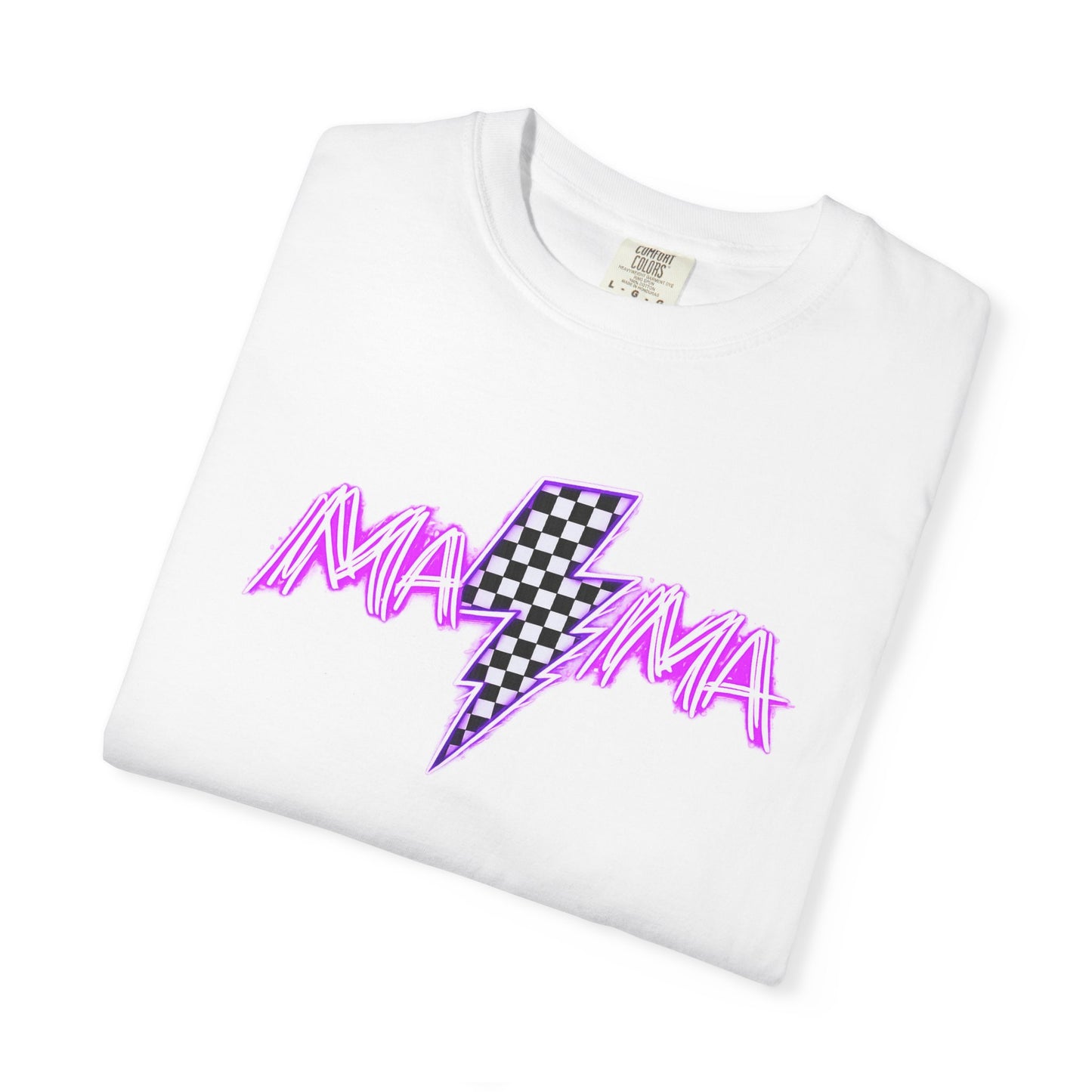 Mama Lightning Bolt T-Shirt — Retro Pink Script Checkerboard Bolt