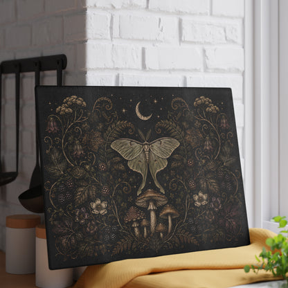 Mystic Moth & Moon Glass Cutting Board — Botanical Night Kitchen Decor