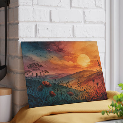Sunset Wildflower Field Glass Cutting Board | Scenic Landscape Kitchen Decor