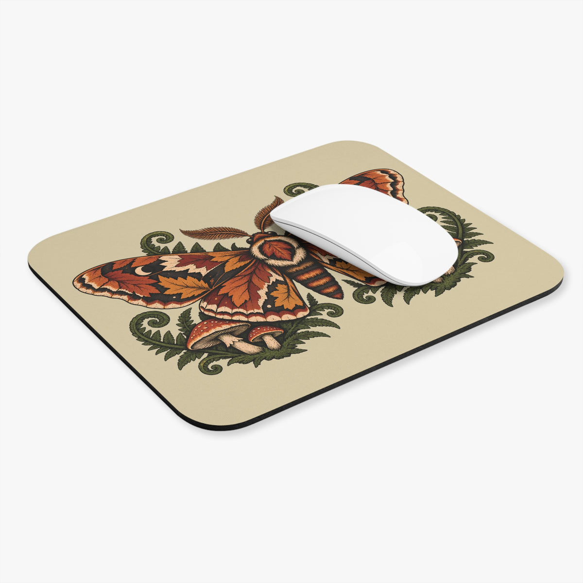 Autumn Moth & Mushroom Mouse Pad — Vintage Botanical Desk Mat