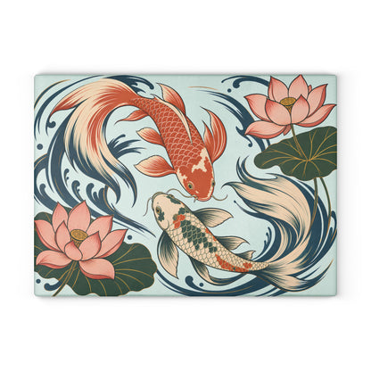 Koi Fish Lotus Glass Cutting Board | Japanese Pond Artwork