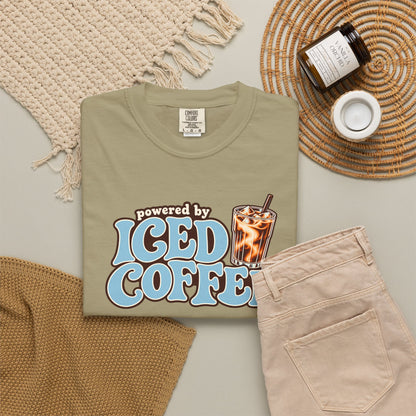 Iced Coffee Graphic T-Shirt — "Powered by Iced Coffee" Retro Coffee Tee