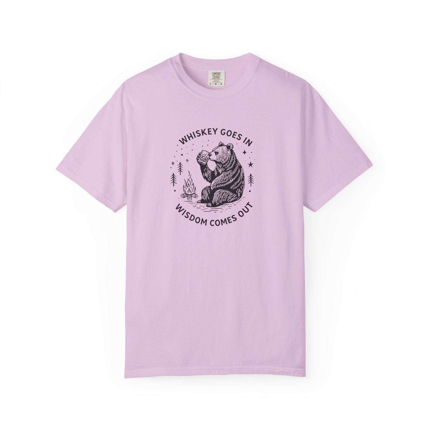 Whiskey Goes In Wisdom Comes Out Bear Illustration T-Shirt | Drinking Humor
