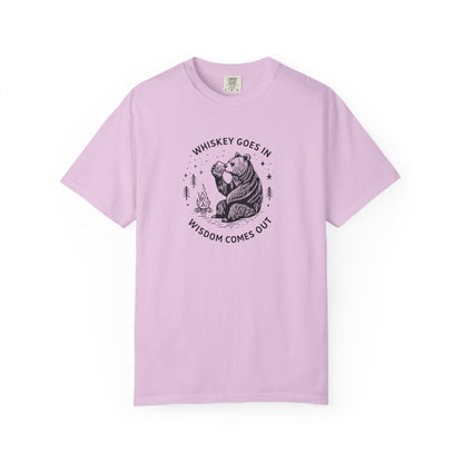 Whiskey Goes In Wisdom Comes Out Bear Illustration T-Shirt | Drinking Humor
