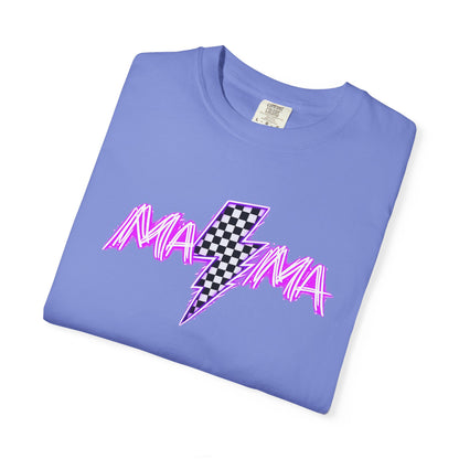 Mama Lightning Bolt T-Shirt — Retro Pink Script Checkerboard Bolt