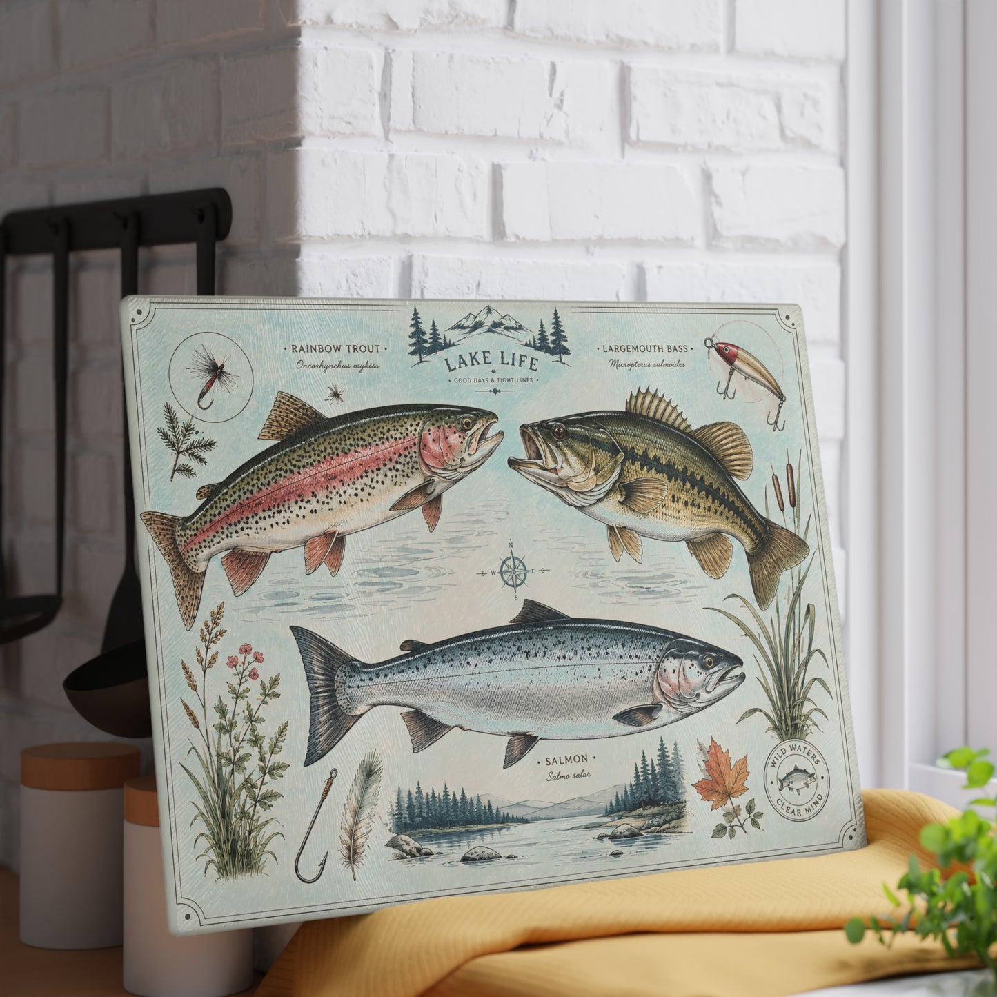 Vintage Fish illustration Glass Cutting Board | Lake Life trout bass salmon