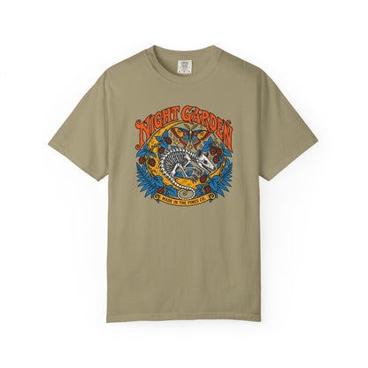 Night Garden T-Shirt, Opossum Skeleton with Moth & Moon, Gothic Botanical Graphic Tee