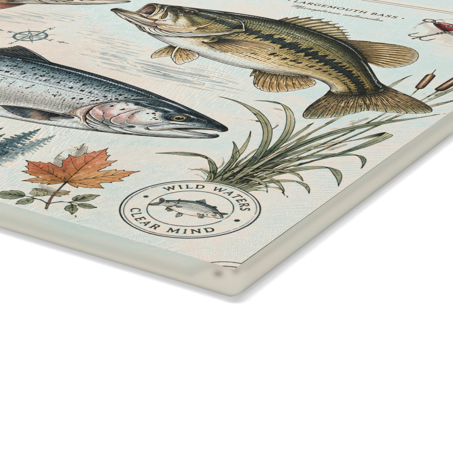 Vintage Fish illustration Glass Cutting Board | Lake Life trout bass salmon