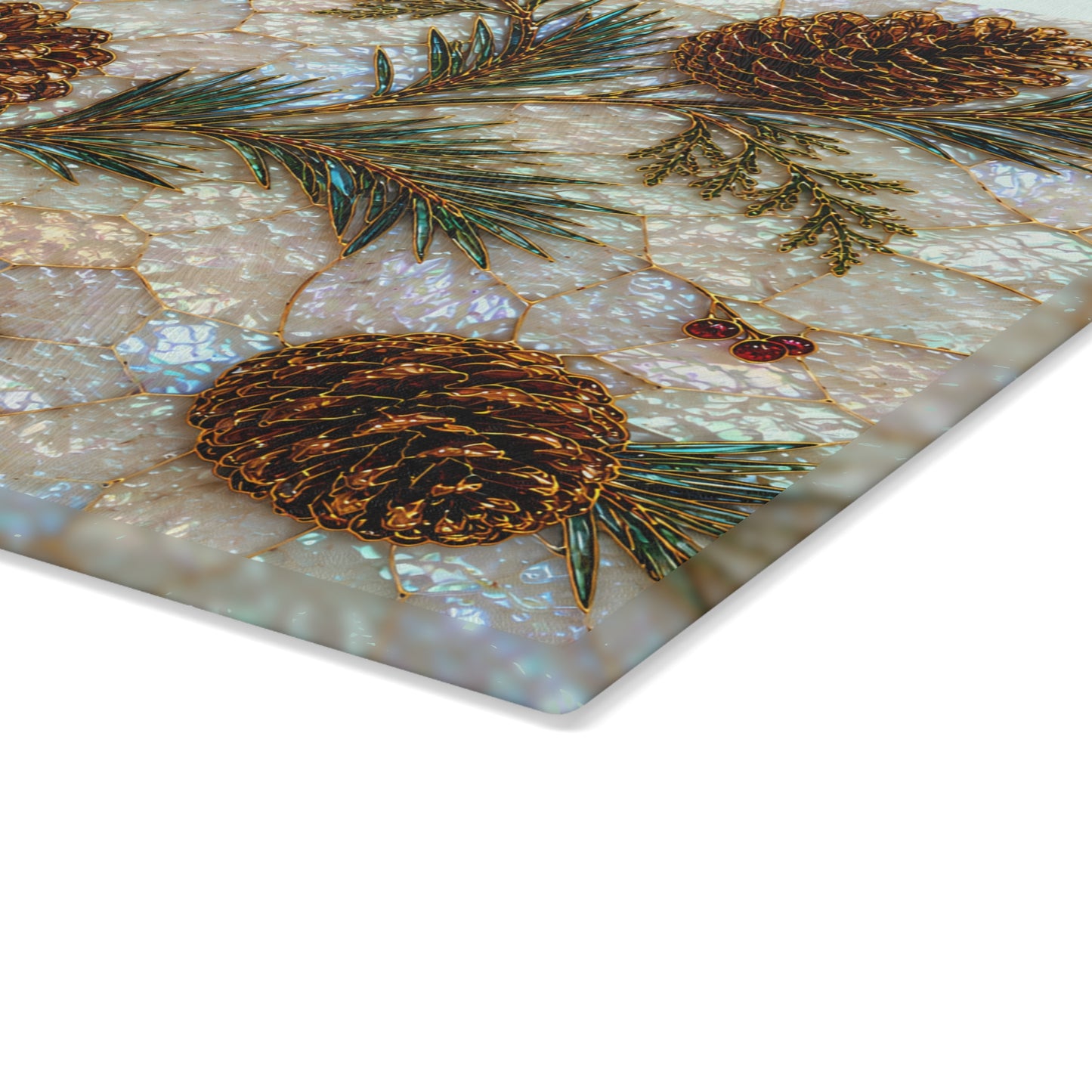 Pinecones and Evergreens Glass Cutting Board | Rustic Holiday Kitchen Decor