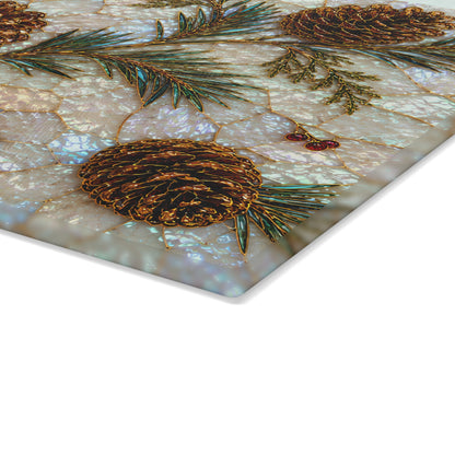 Pinecones and Evergreens Glass Cutting Board | Rustic Holiday Kitchen Decor