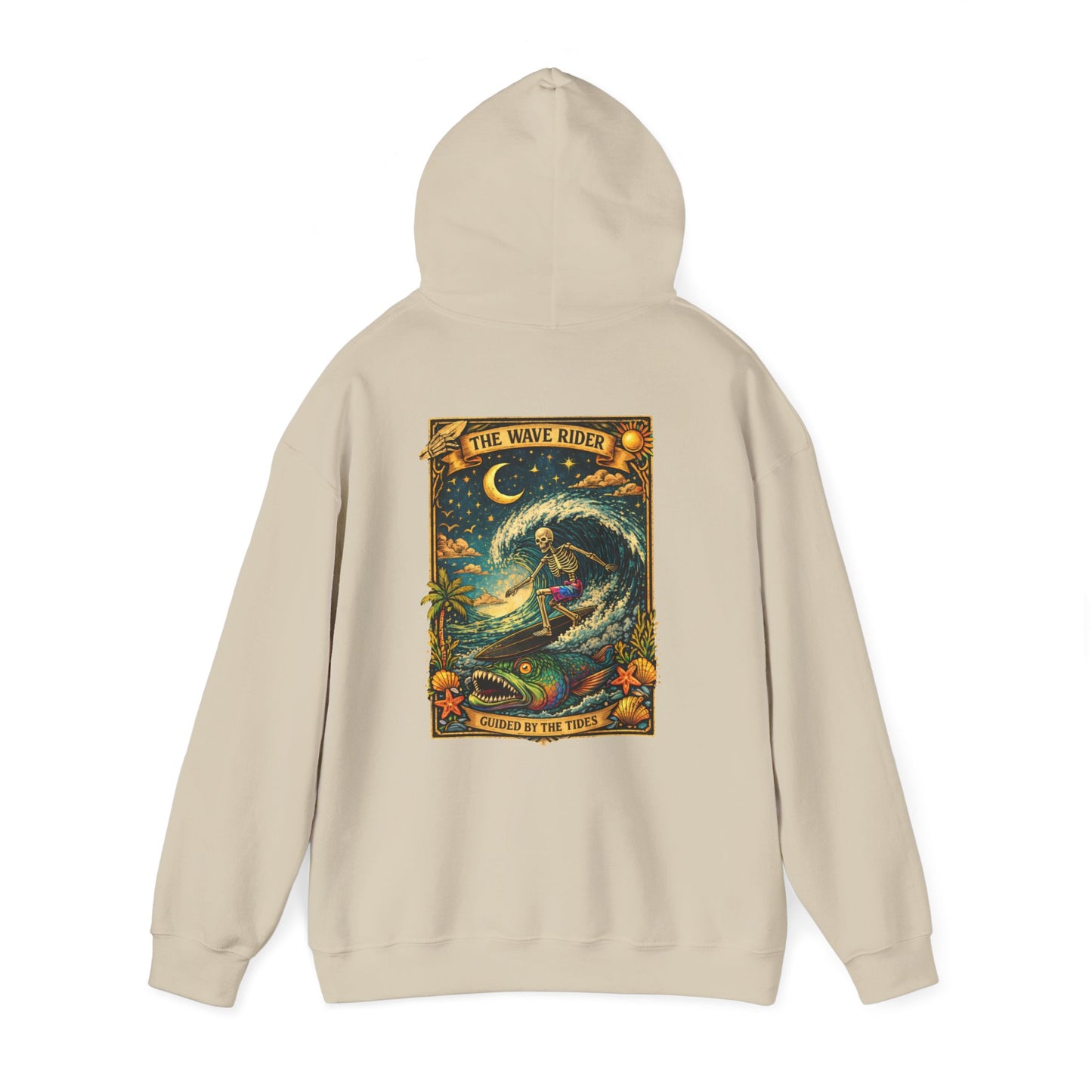 Tarot Surf Hoodie — The Wave Rider Skeleton Surfing Fish, Celestial Ocean Pullover