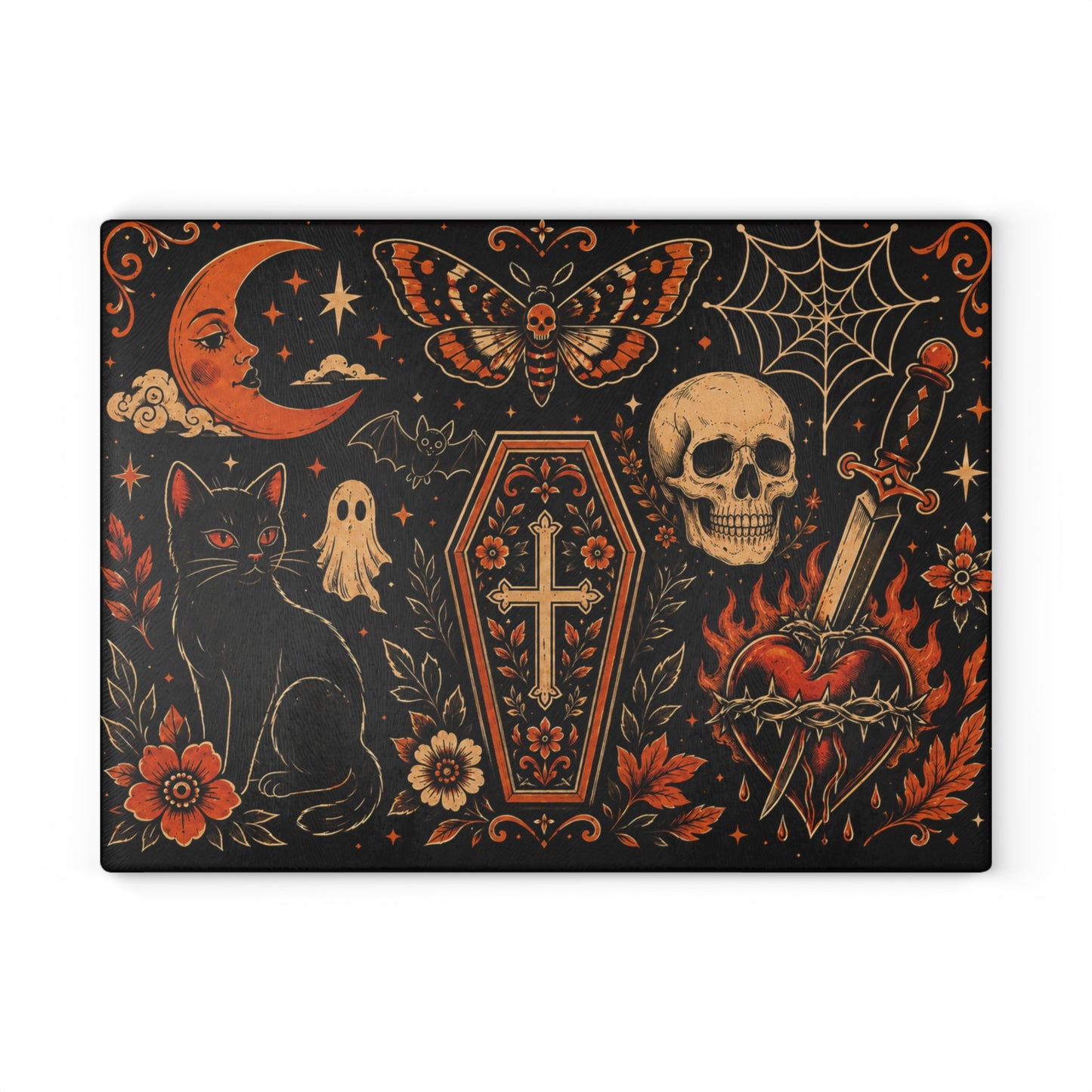 Gothic Occult Glass Cutting Board — Skull, Coffin & Black Cat Kitchen Décor