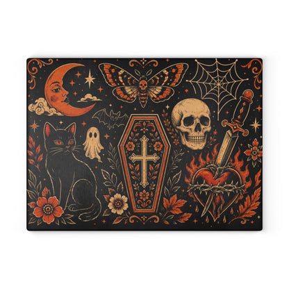 Gothic Occult Glass Cutting Board — Skull, Coffin & Black Cat Kitchen Décor