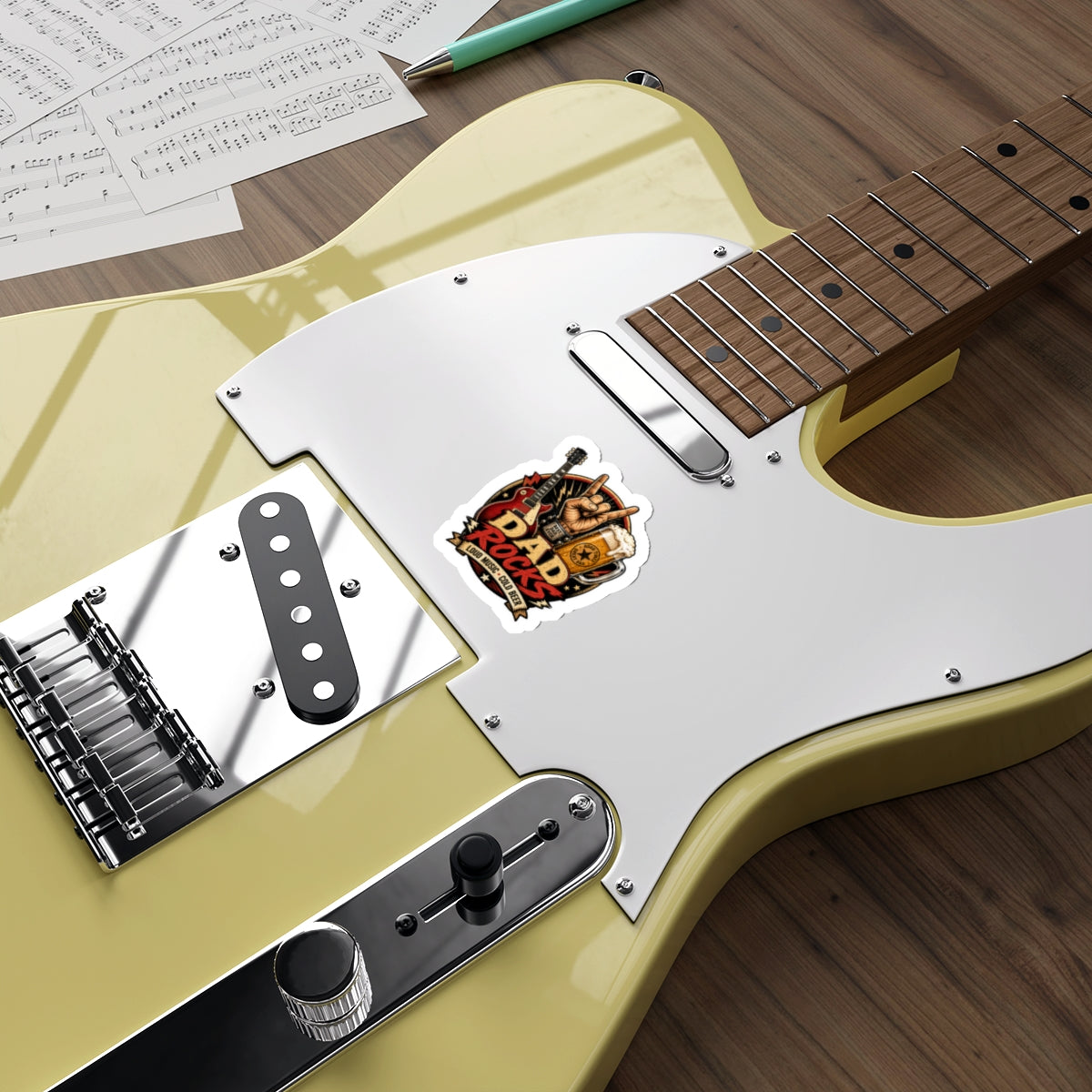 Dad Rocks Guitar Sticker | Rock Hand Sign, Beer, Loud Music