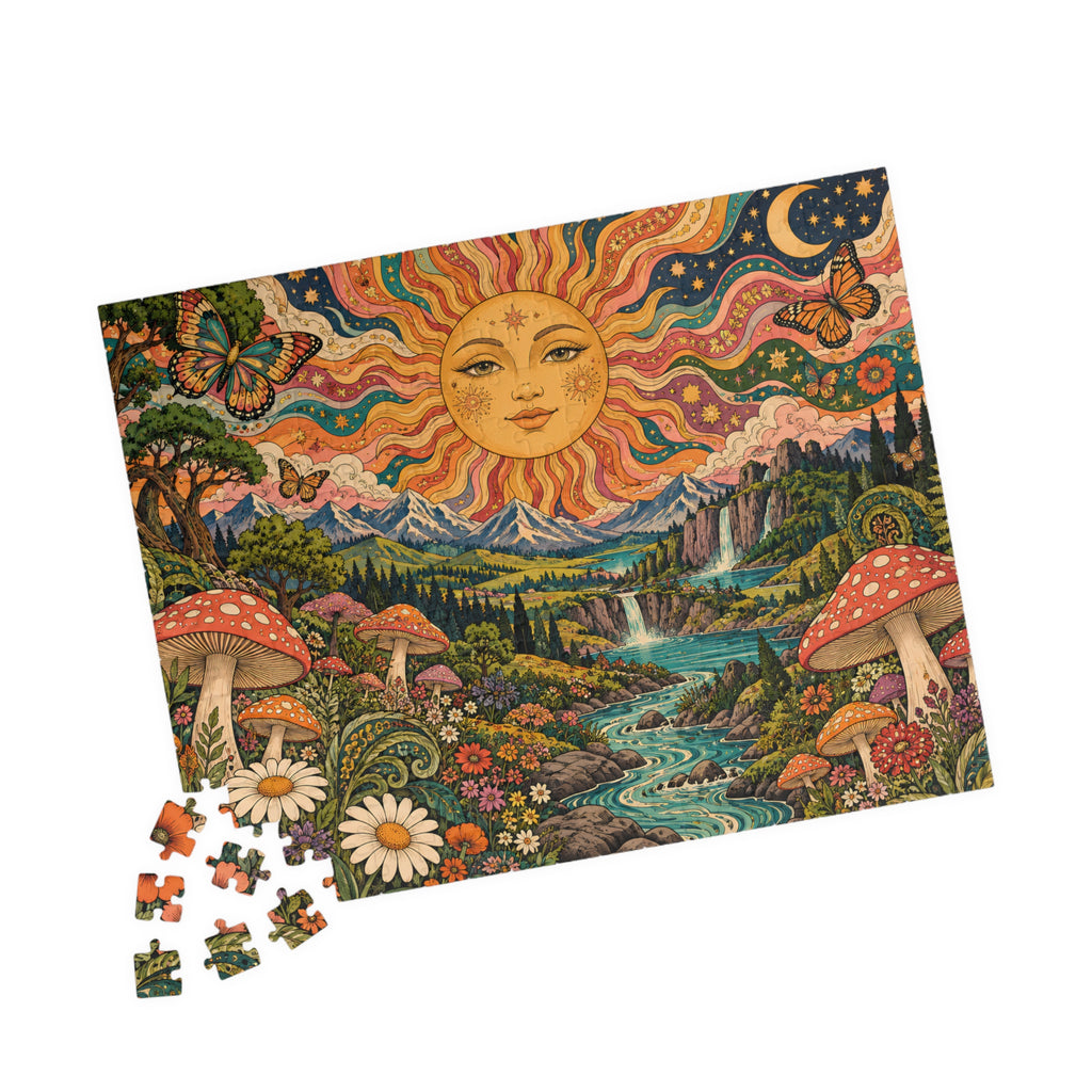 Psychedelic Sun Jigsaw Puzzle, Hippie Mushroom Art, Groovy Mountain Landscape, Boho Nature Puzzle, Gift for Puzzle Lovers