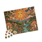 Psychedelic Sun Jigsaw Puzzle, Hippie Mushroom Art, Groovy Mountain Landscape, Boho Nature Puzzle, Gift for Puzzle Lovers