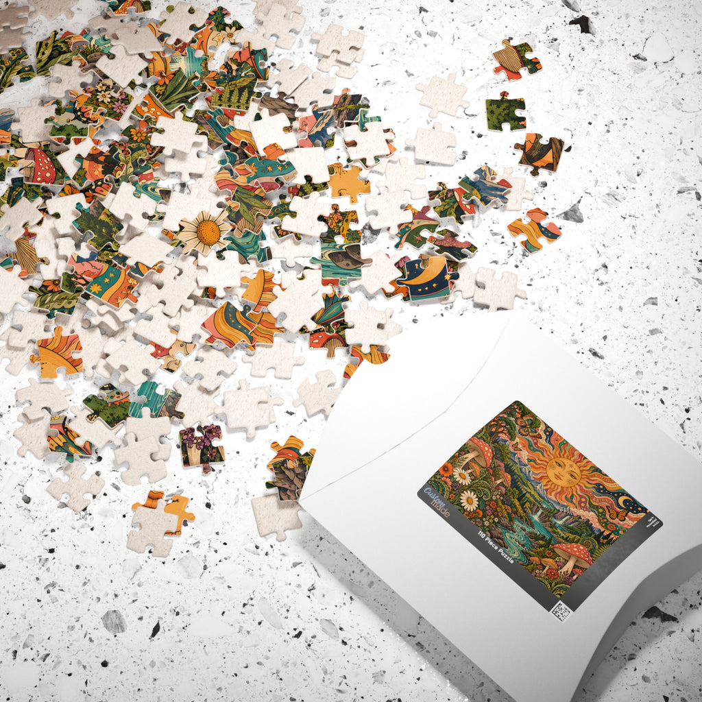 Psychedelic Sun Jigsaw Puzzle, Hippie Mushroom Art, Groovy Mountain Landscape, Boho Nature Puzzle, Gift for Puzzle Lovers
