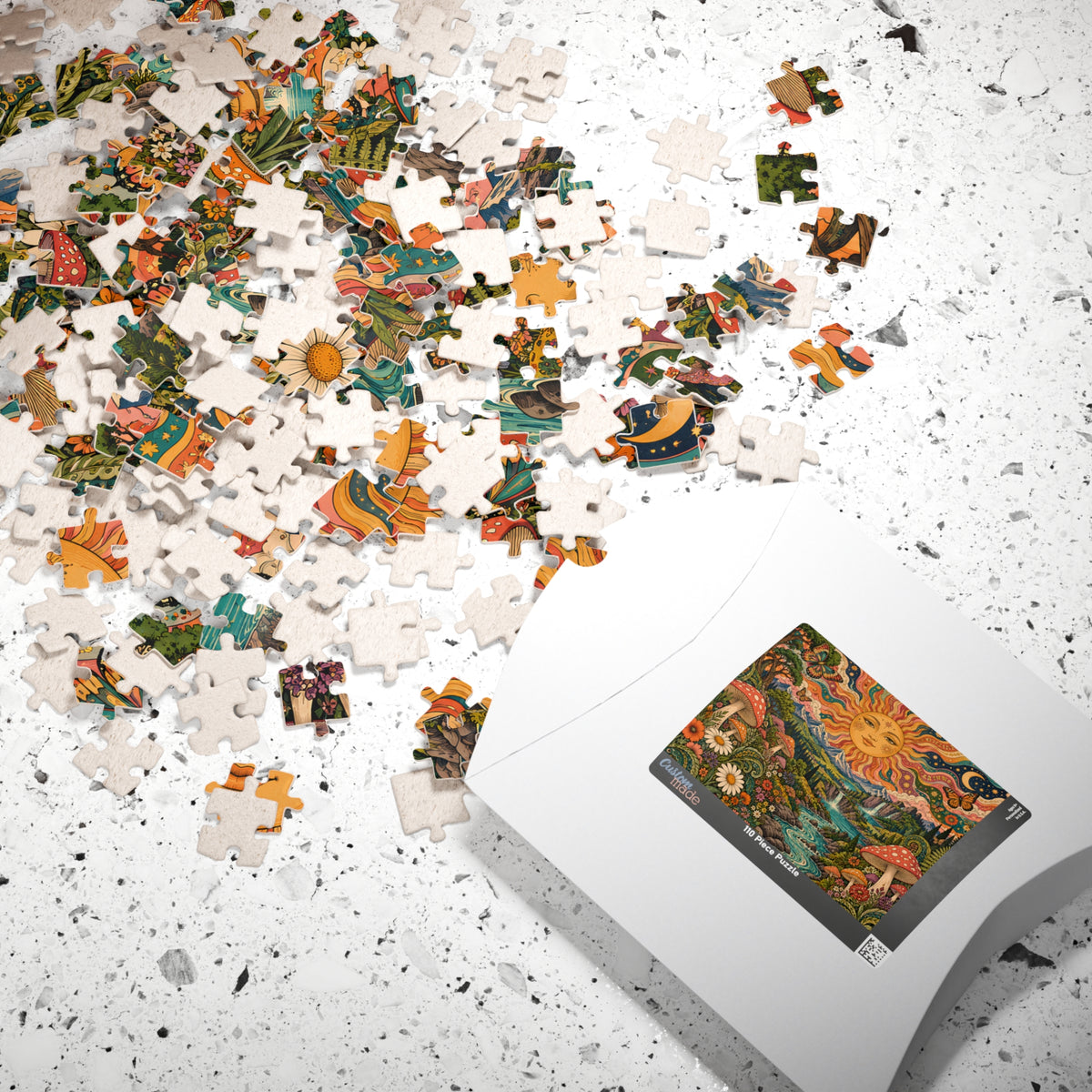 Psychedelic Sun Jigsaw Puzzle, Hippie Mushroom Art, Groovy Mountain Landscape, Boho Nature Puzzle, Gift for Puzzle Lovers