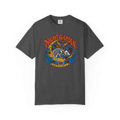Night Garden T-Shirt, Opossum Skeleton with Moth & Moon, Gothic Botanical Graphic Tee