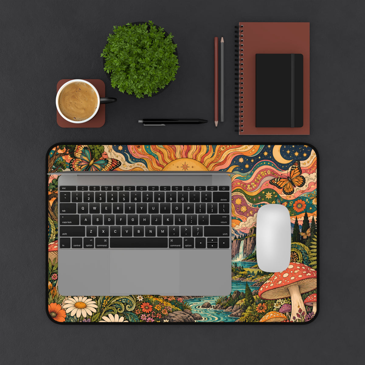 Psychedelic Sun and Mushroom Desk Mat | Colorful Fantasy Nature Mouse Pad Mystical Sun and Mushroom Forest Desk Mat