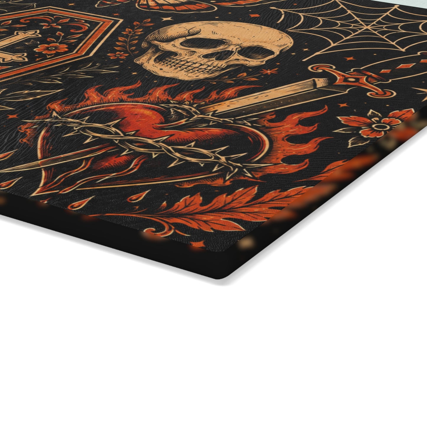 Gothic Occult Glass Cutting Board — Skull, Coffin & Black Cat Kitchen Décor