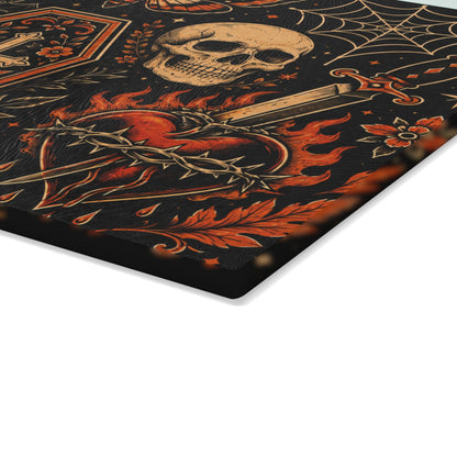 Gothic Occult Glass Cutting Board — Skull, Coffin & Black Cat Kitchen Décor