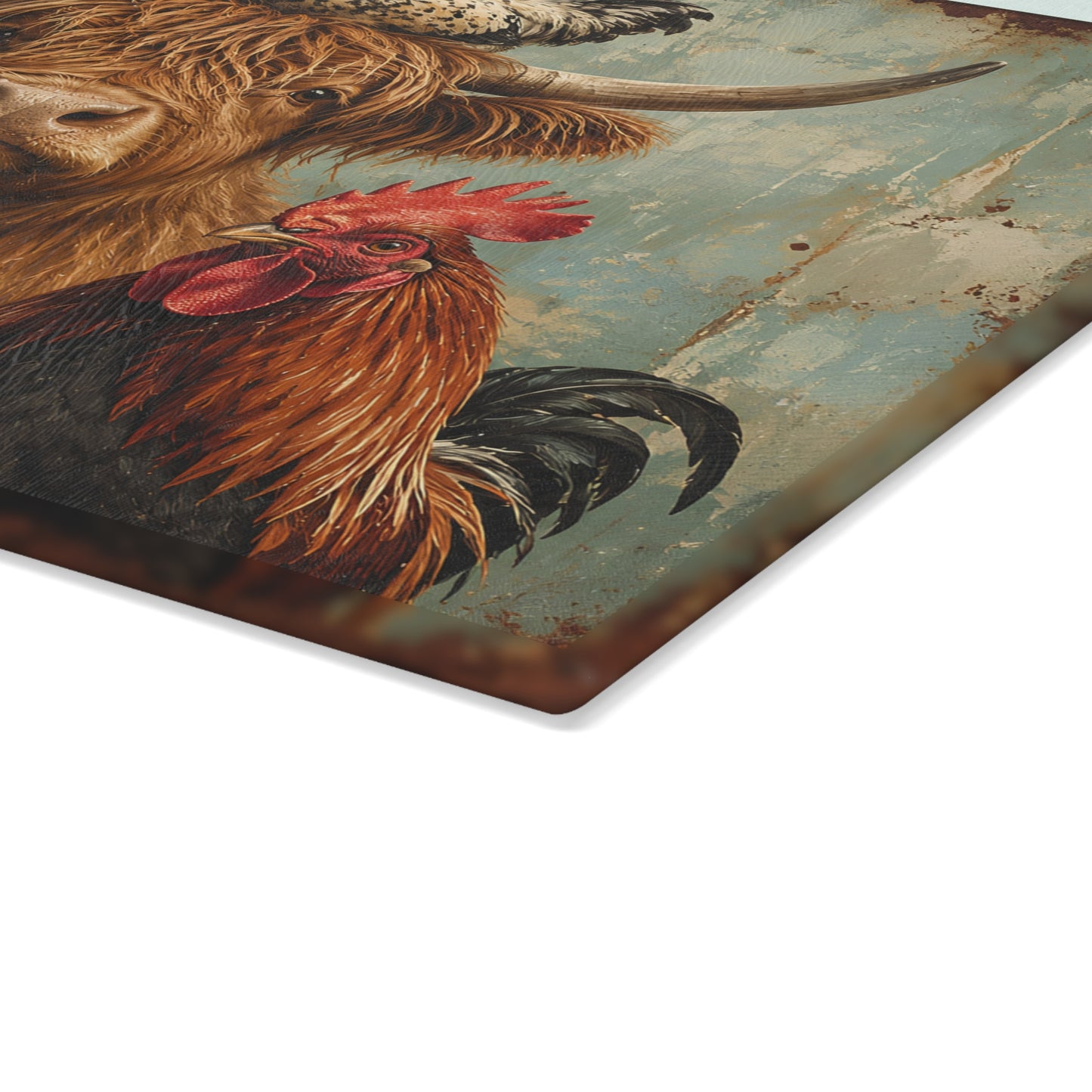 Farm Animal Glass Cutting Board – Rustic Cow, Goat, Duck & Rooster Kitchen Decor
