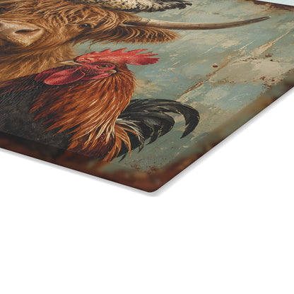 Farm Animal Glass Cutting Board – Rustic Cow, Goat, Duck & Rooster Kitchen Decor