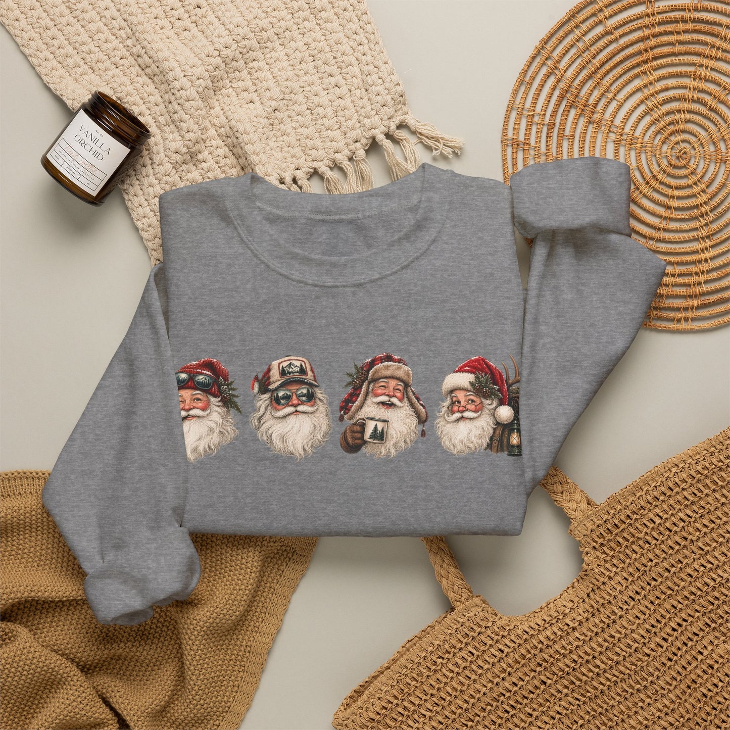 Santa Heads Crewneck Sweatshirt — Vintage Santa Faces Christmas Pullover