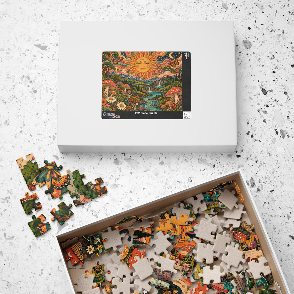 Psychedelic Sun Jigsaw Puzzle, Hippie Mushroom Art, Groovy Mountain Landscape, Boho Nature Puzzle, Gift for Puzzle Lovers