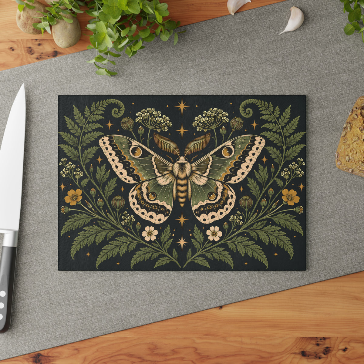 Glass Cutting Board — Vintage Moth & Fern Botanical Design