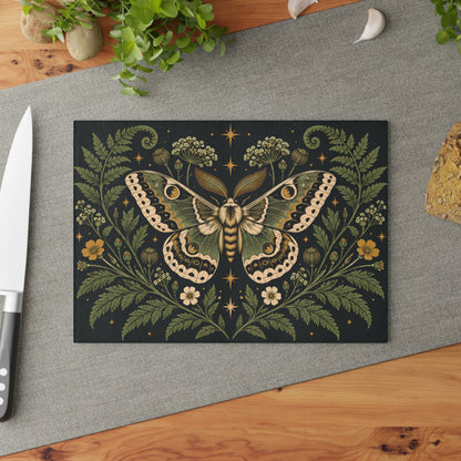 Glass Cutting Board — Vintage Moth & Fern Botanical Design