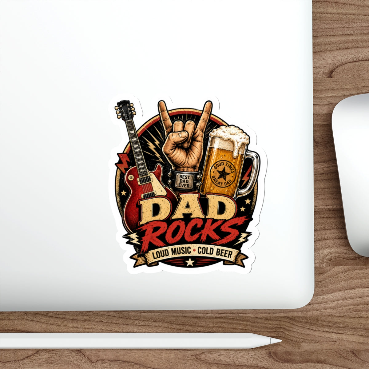 Dad Rocks Guitar Sticker | Rock Hand Sign, Beer, Loud Music