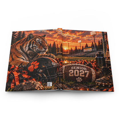 Senior 2027 Football Hardcover Journal — Tiger Mascot Sunset Lined Notebook