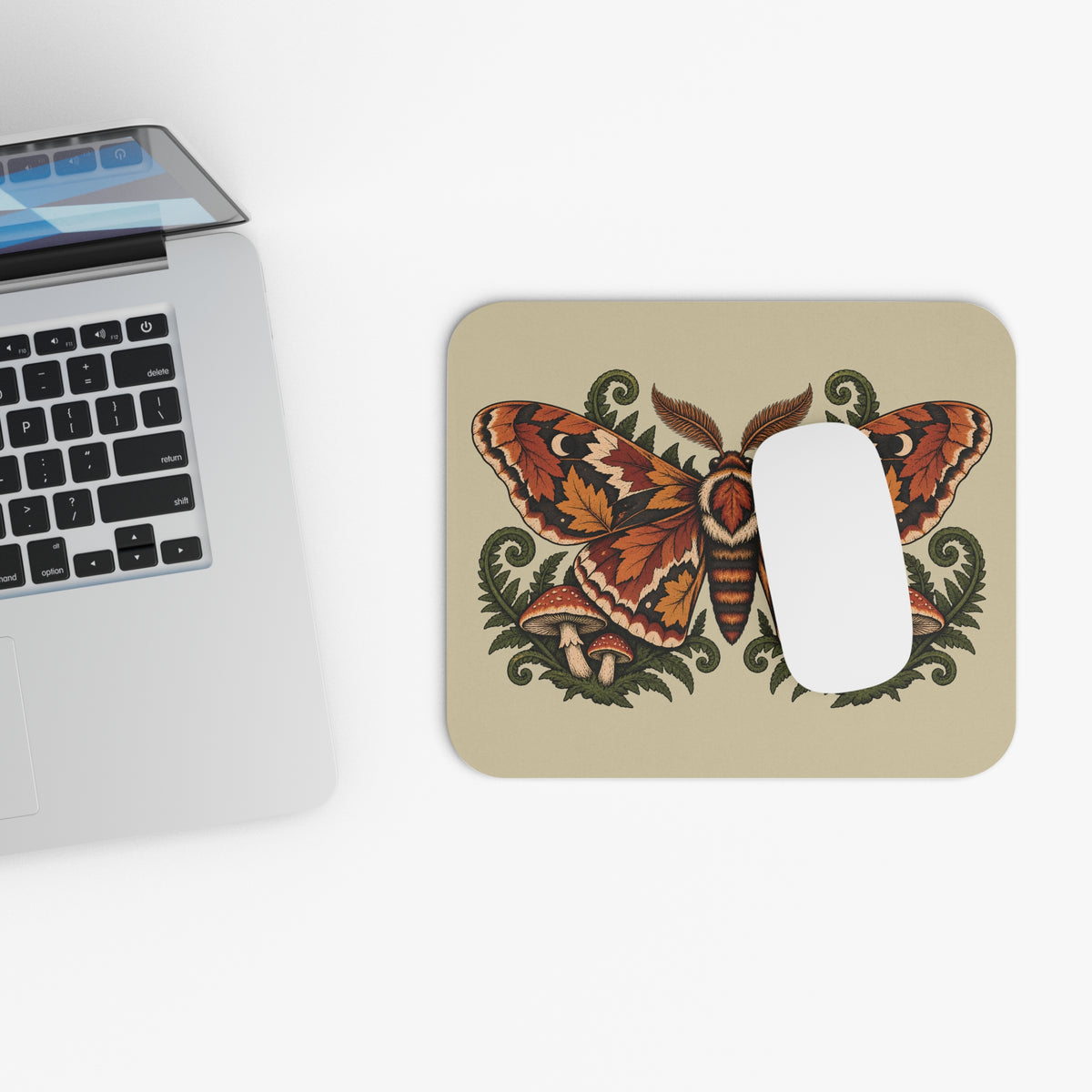 Autumn Moth & Mushroom Mouse Pad — Vintage Botanical Desk Mat