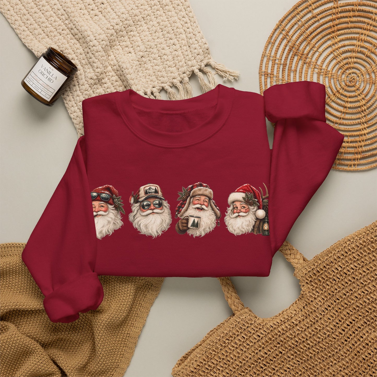Santa Heads Crewneck Sweatshirt — Vintage Santa Faces Christmas Pullover