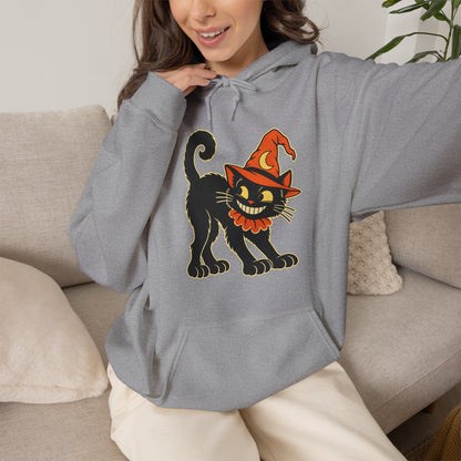 Halloween Black Cat Hoodie – Vintage Witch Hat Cat Pullover