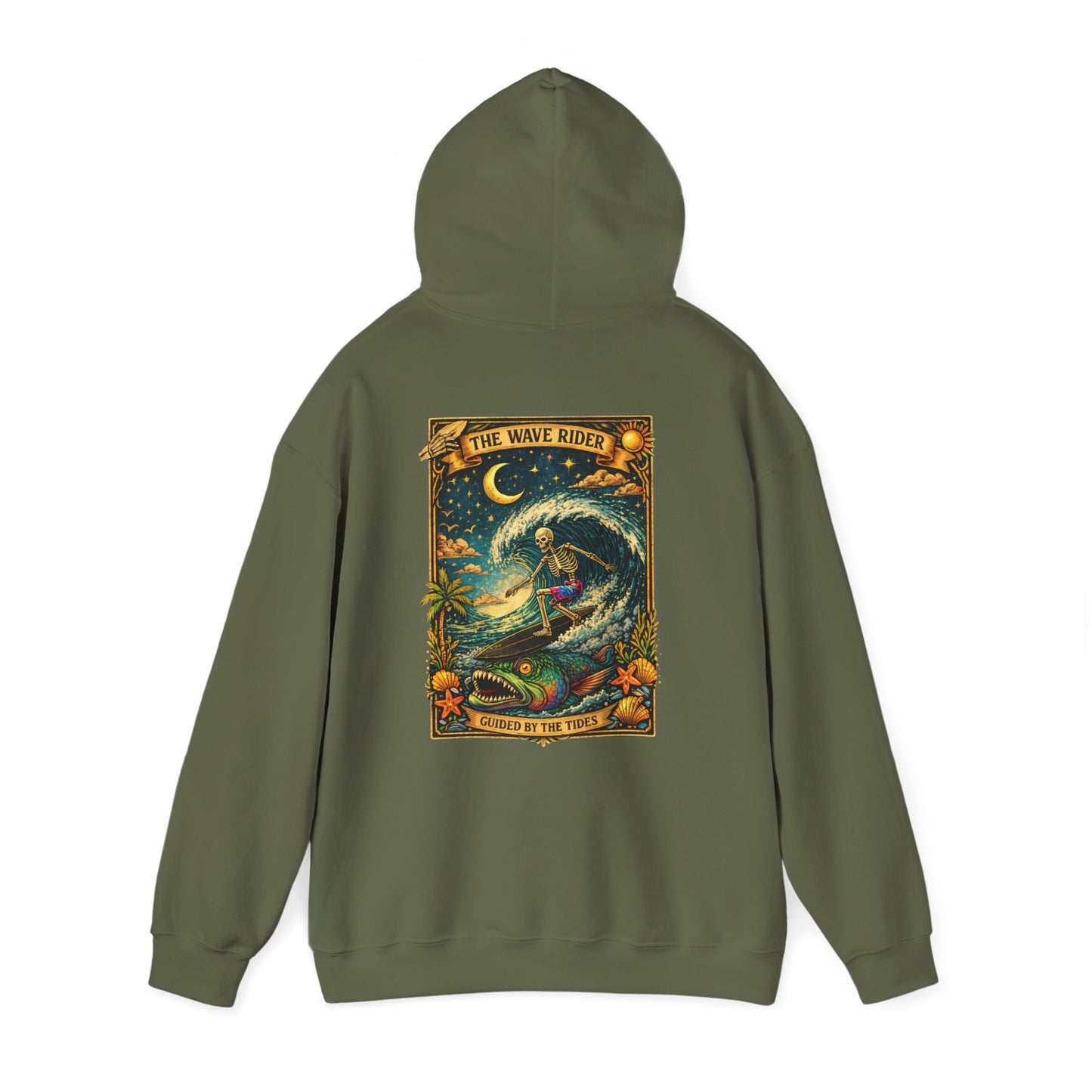 Tarot Surf Hoodie — The Wave Rider Skeleton Surfing Fish, Celestial Ocean Pullover